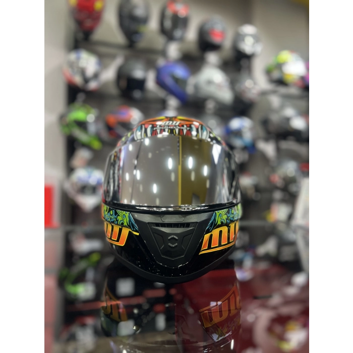 801 Azure Yeşil Turuncu Kapalı Kask Ayna Vizörlü