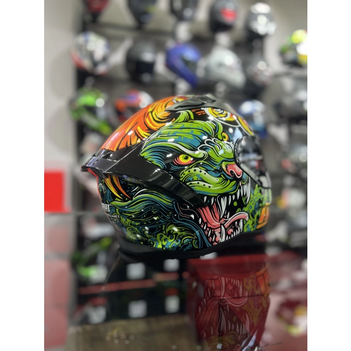 801 Azure Yeşil Turuncu Kapalı Kask Ayna Vizörlü