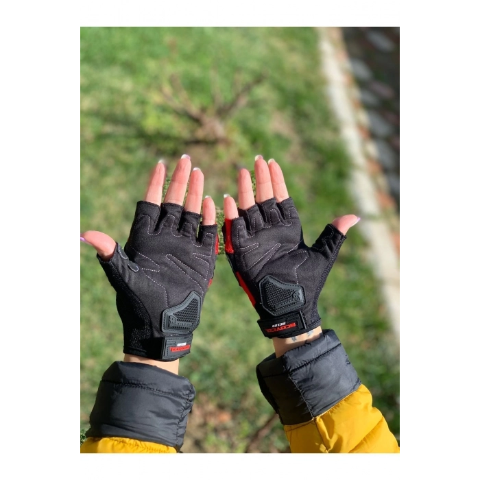 Fnm--mc12d- Full Üst Korumalı Yazlık Mevsimlik Yarım Eldiven Kırmızı