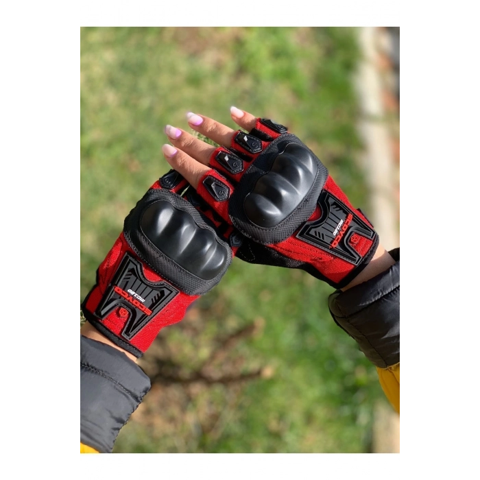 Fnm--mc12d- Full Üst Korumalı Yazlık Mevsimlik Yarım Eldiven Kırmızı