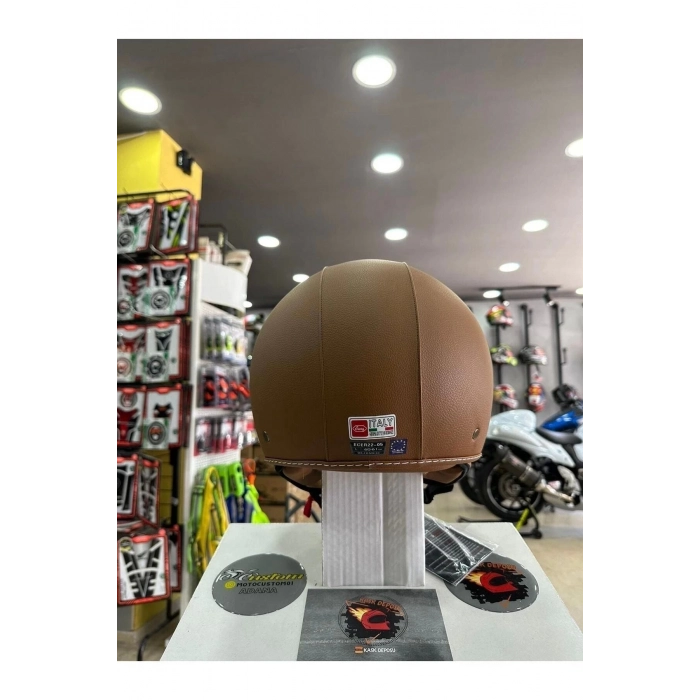FS701 Deri Kaplama Yarım Motosiklet Kaskı (Kahverengi)