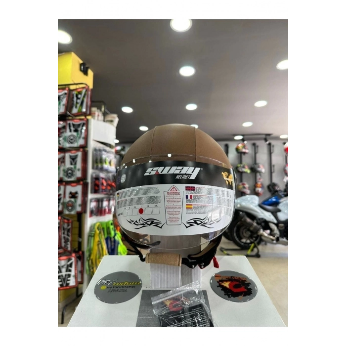 FS701 Deri Kaplama Yarım Motosiklet Kaskı (Kahverengi)