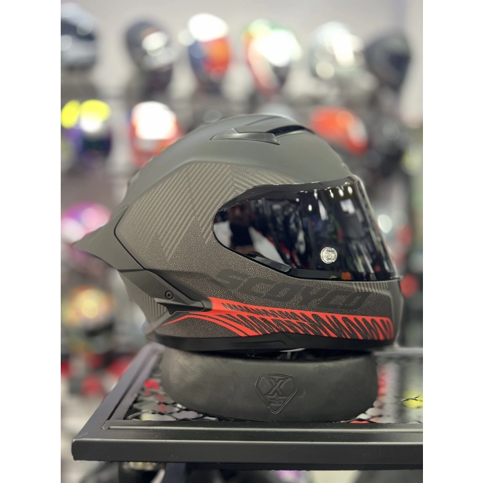 871 Mat Gri Kırmızı Siyah Vizörlü