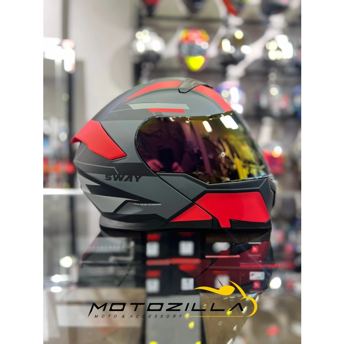 Kırmızı Siyah 912 Çene Açılır Kask Gold Vizörlü(+1 Şeffaf Vizör)