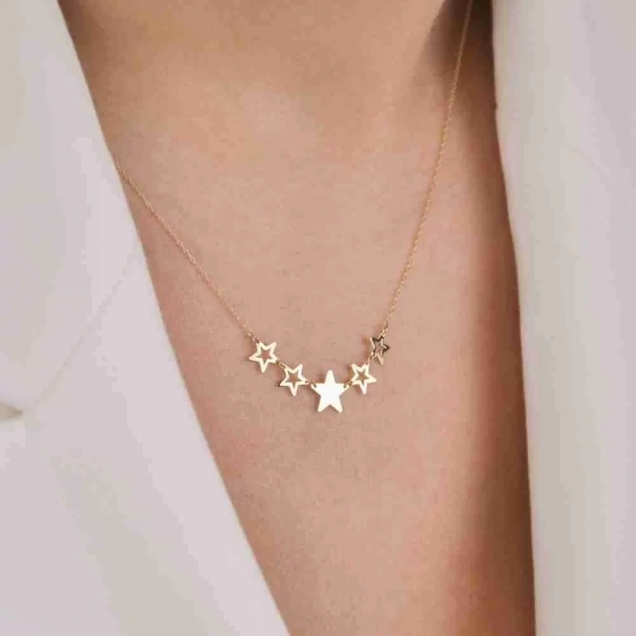 14 Ayar Altın Beşli Yıldız Kolye