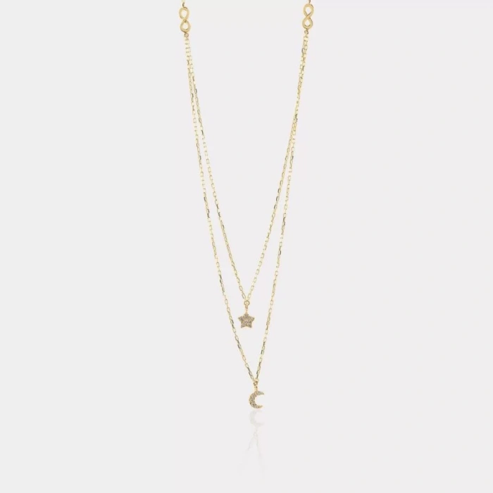 14 Ayar Altın Çiftli Ay Yıldız Kolye