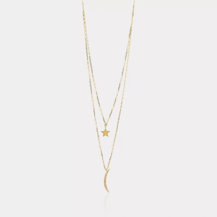 14 Ayar Altın İkili Ay Yıldız Kolye