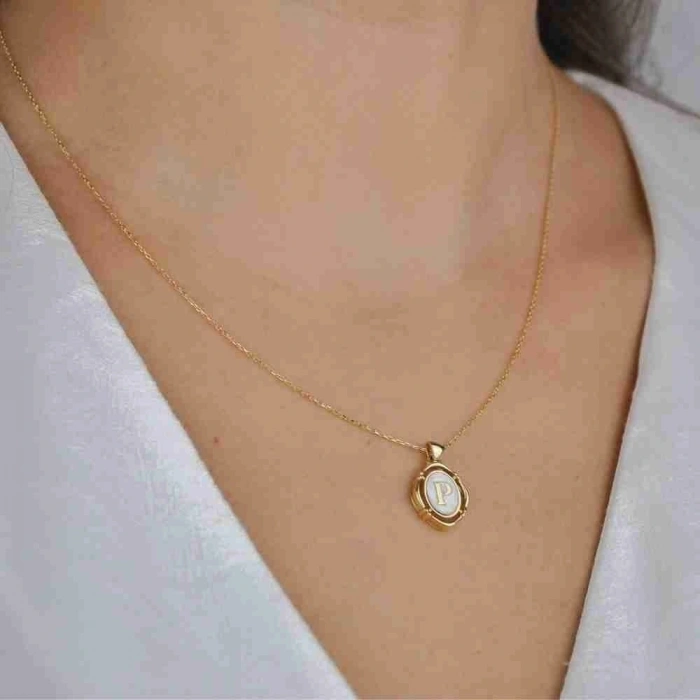 14 Ayar Altın Sedef Harfli Kolye