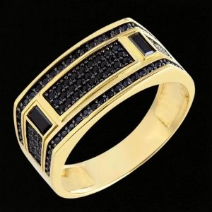 14 Ayar Altın Siyah Taşlı Bagetli Erkek Yüzüğü