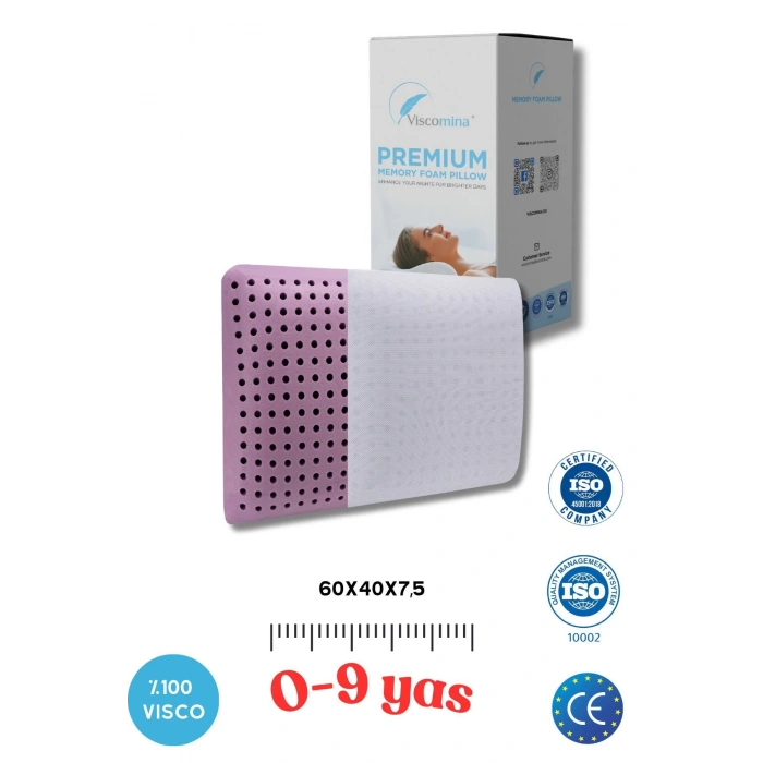 0-9 YAŞ ÇOCUK YASTIĞI ORTOPEDİK ÇOCUK YASTIĞI VİSCO YASTIK DAMLA/LAVANTA/OKYONUS 60X40X15 CM - MOR