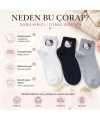Kadın Sevimli Kedi Desenli Bilek Çorap 12lı | %80 Pamuklu Dikişsiz, Siyah Beyaz Gri