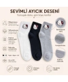 Kadın Sevimli Kedi Desenli Bilek Çorap 12lı | %80 Pamuklu Dikişsiz, Siyah Beyaz Gri