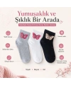 Kadın Kelebek Desenli Kısa Konç Çorap 3lü | %80 Pamuklu Dikişsiz, Siyah Beyaz Gri