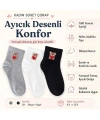 Kadın Ayıcık Desenli Kısa Konç Çorap 3lü | %80 Pamuklu Dikişsiz, Siyah Beyaz Gri