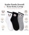 Kadın Panda Desenli Kısa Konç Çorap 3lü | %80 Pamuklu Dikişsiz, Siyah Beyaz Gri