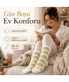 Peluş Çizgili Kadın Uyku Çorabı 36-40 Yumuşak Sıcak Tutan Sıkmayan Ev Çorabı Sarı Beyaz