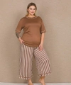 Arias Closet Büyük Beden Viskon Şık Tasarım Kahverengi Çizgili Kısa Kol Kapri - SSSSSS8365-9