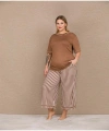 Arias Closet Büyük Beden Viskon Şık Tasarım Kahverengi Çizgili Kısa Kol Kapri - SSSSSS8365-9