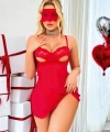 Kırmızı Göğüs Dekolteli Göz Bantlı Fantezi String Tül Gecelik Takımı - SSSSSS4138-6917
