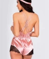 Pembe Dantelli Sırtı Çapraz Saten Şort Tulum - SSSSSS3728-5642