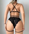 Siyah Özel Bölgesi Açık Dantel İşlemeli Jartiyer Görünümlü Fantezi Body - SSSSSS4338-8723