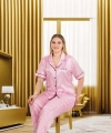 Büyük Beden Şık Tasarım Pembe Çizgili Düğmeli Kısa Kol Lüx Saten Pijama Ta - SSSSSS9475-7