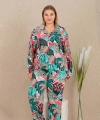 Büyük Beden Renkli Yaprak Desenli Düğmeli Uzun Kol Viskon Pijama Takımı - SSSSSS7078-8250