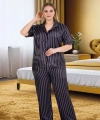 Büyük Beden Şık Tasarım Siyah Çizgili Düğmeli Kısa Kol Lüx Saten Pijama Ta - SSSSSS4303-2