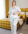 Büyük Beden Şık Tasarım Mavi Çizgili Düğmeli Kısa Kol Lüx Saten Pijama Tak - SSSSSS3219-4