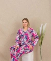 Büyük Beden Renkli Yaprak Desenli Düğmeli Uzun Kol Viskon Pijama Takımı - SSSSSS8920-5033