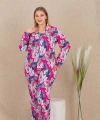 Büyük Beden Renkli Yaprak Desenli Düğmeli Uzun Kol Viskon Pijama Takımı - SSSSSS8920-5033