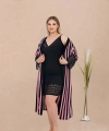 Büyük Beden Çizgi Desenli Dantel İşlemeli 2li Viskon Siyah Gecelik Sabahlık T - SSSSSS6134-2