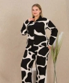 Büyük Beden Siyah Beyaz Desenli Düğmeli Uzun Kol Viskon Pijama Takımı - SSSSSS1144-8757