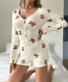 Pamuklu Ekru Ayıcık Desenli Düğmeli Tulum Pijama - SSSSSS4299-2142