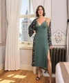 Çiçek ve Yaprak Desenli Dantelli ve Dekolteli Sabahlık Takımı - SSSSSS9478-1041