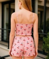 Pembe Kiraz Desenli Kurdelalı Askılı Şortlu Pijama Takımı - SSSSSS6163-9951