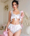 Beyaz Dantel İşlemeli Sütyenli Saten Şortlu Takım - SSSSSS3397-9989
