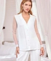 Dantelli ve Tüllü Uzun Kollu Önü Düğmeli Saten Pijama Takımı - SSSSSS8448-8190