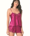 Şık Tasarım Yumuşak Dokulu Dantel İşlemeli Vişne Saten Babydoll Şort Takım? - SSSSSS5079-1