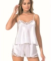 Şık Tasarım Yumuşak Dokulu Dantel İşlemeli Beyaz Saten Babydoll Şort Takımı - SSSSSS7430-3