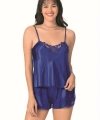 Şık Tasarım Yumuşak Dokulu Dantel İşlemeli Saks Saten Babydoll Şort Takımı - SSSSSS2432-21