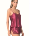 Şık Tasarım Yumuşak Dokulu Dantel İşlemeli Bordo Saten Babydoll Şort Takımı - SSSSSS4672-1