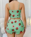 Pamuklu Yeşil Üstüne Çilek Desen Fitilli Askılı Şortlu Pijama Takımı - SSSSSS3418-9085
