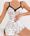 Pamuklu Beyaz Üstüne Siyah Kalp Desen Fitilli Askılı Şortlu Pijama Takımı - SSSSSS6177-6654