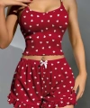 Pamuklu Kırmızı Üstüne Beyaz Kalp Desen Fitilli Askılı Şortlu Pijama Takım? - SSSSSS2807-8