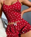 Pamuklu Kırmızı Üstüne Beyaz Kalp Desen Fitilli Askılı Şortlu Pijama Takım? - SSSSSS2807-8