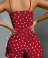 Pamuklu Kırmızı Üstüne Beyaz Kalp Desen Fitilli Askılı Şortlu Pijama Takım? - SSSSSS2807-8