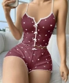 Pamuklu Kahverengi Üstüne Beyaz Kalp Desen Fitilli Askılı Şortlu Pijama Takım? - SSSSSS5350-2