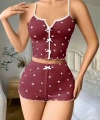 Pamuklu Kahverengi Üstüne Beyaz Kalp Desen Fitilli Askılı Şortlu Pijama Takım? - SSSSSS5350-2