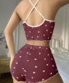 Pamuklu Kahverengi Üstüne Beyaz Kalp Desen Fitilli Askılı Şortlu Pijama Takım? - SSSSSS5350-2